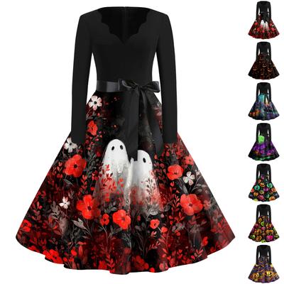 Women Casual Halloween Print V Neck Vintage Dress Long Sleeve Retro Style Fit and Flare Midi Dress with Waist Tie Ribbon