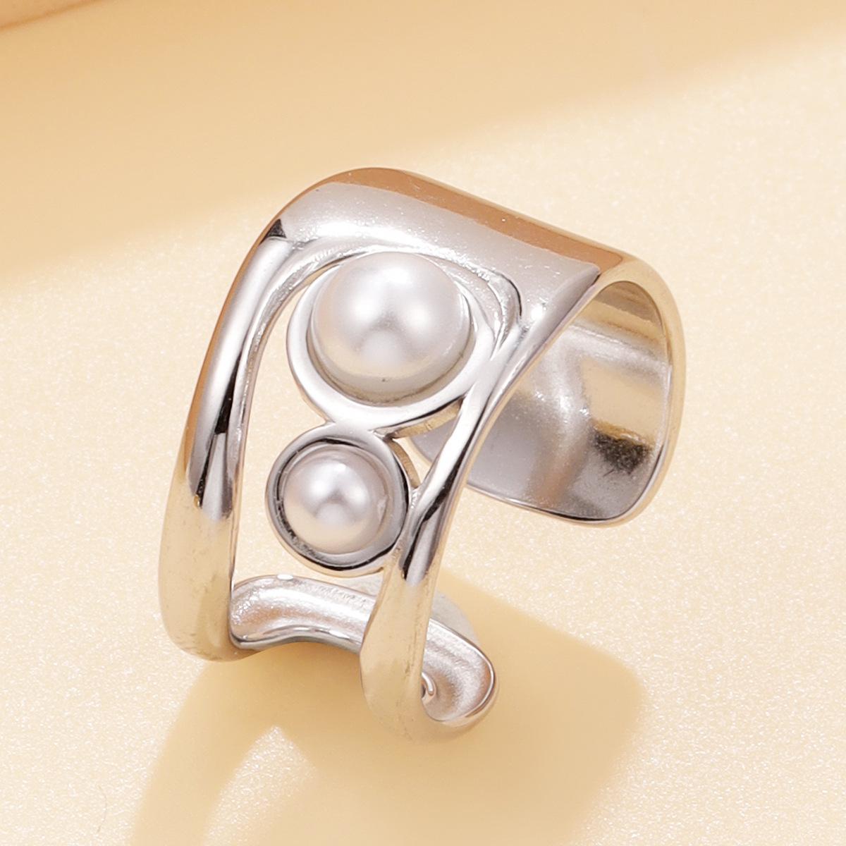 French Romantic Geometric Pearl Open Ring - Women s 18K Gold-Plated Stainless Steel Jewelry