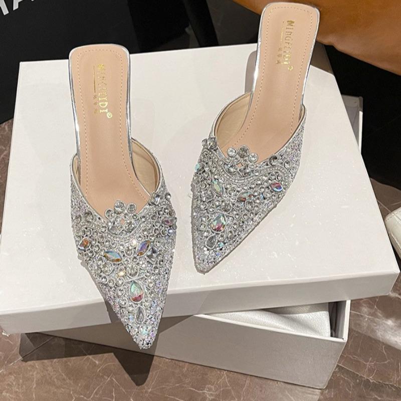 

Women Slippers Summer New Rhinestone Half Slippers Toe Sandals High Heel Slippers for Women Outside Thin Heels and Pointed Toes 41