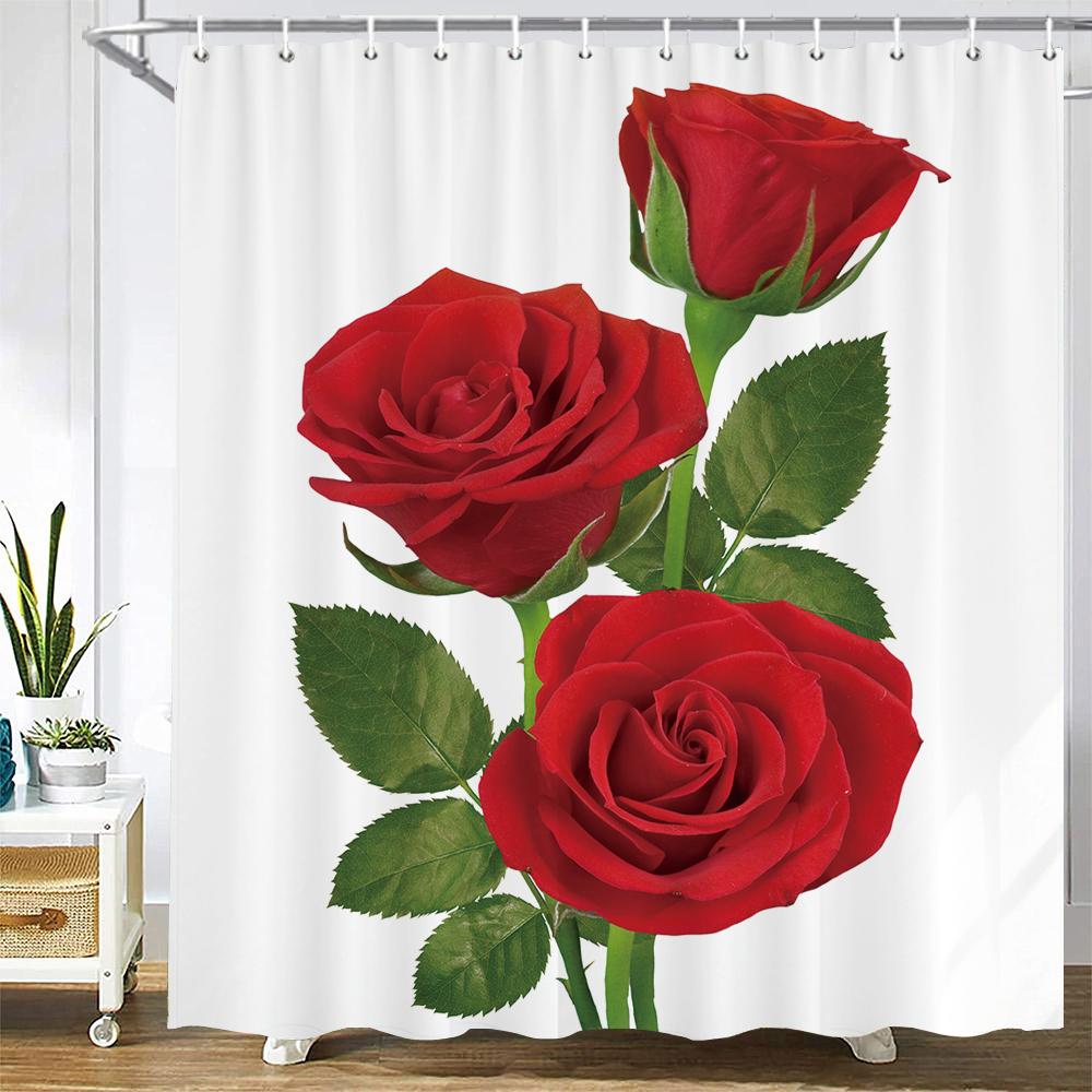 Red Rose Bath Curtain Waterproof Shower Curtains Polyester Flowers Romance Love Bath Screen Printed Curtain For Bathroom Decor