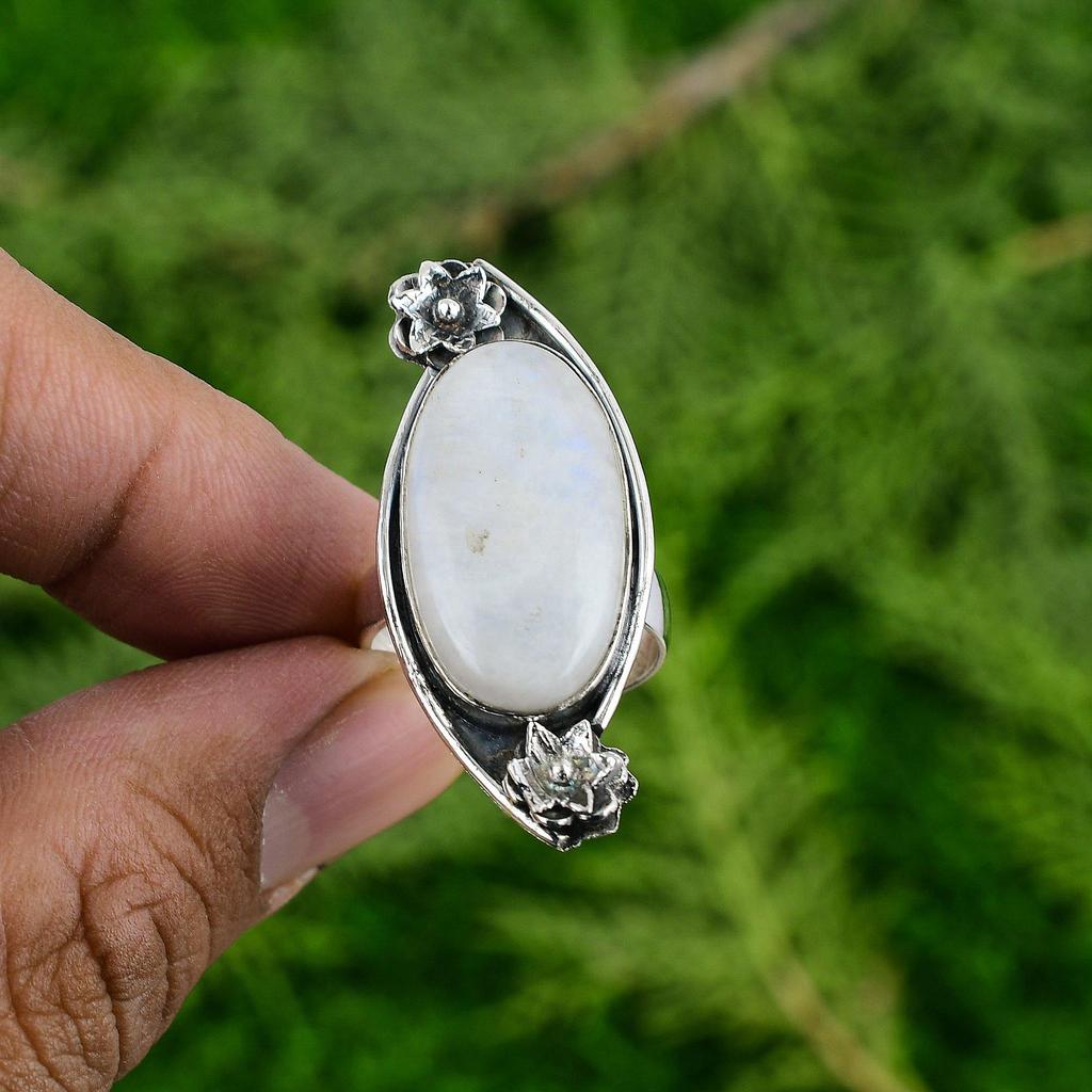 Mothers day Deal Oval Natural Rainbow Moonstone Flower Ring Jewelry 925 Silver