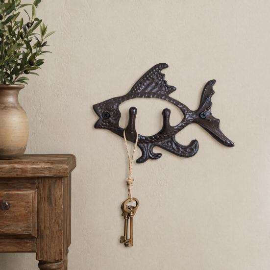 Garden Wall Hooks, Cast Iron Flying Fish Hanger, Rustic Outdoor Metal Coat Rack for Keys Tools Dried Flowers, Farmhouse Porch Fence