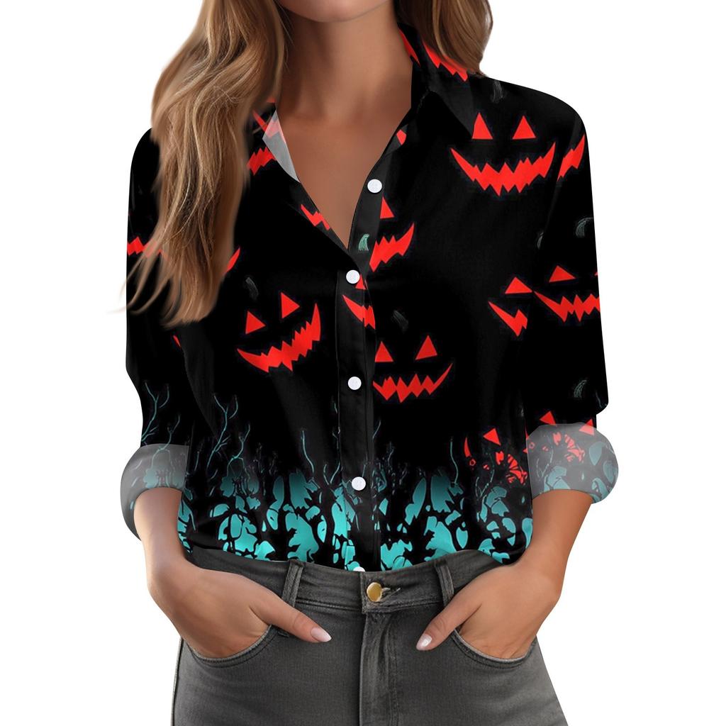 Damen Hemd Bluse Halloween Print Knopf Langarm Lässig Basic Hemdkragen Regulär Top