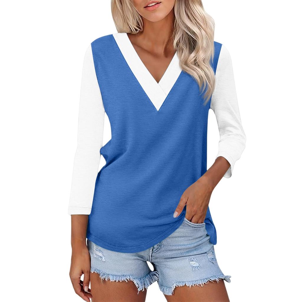 Women's Casual Fashion Sexy Comfortable V-neck Stitching Color Three-quarter Sleeve Top