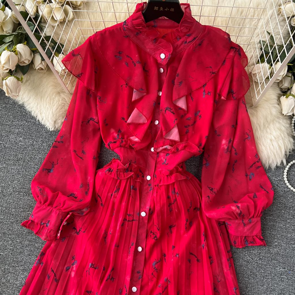 Autumn Women Vintage Printed Pleated Long Dress Female Red/Green/Blue/Yellow Draped Ruffle Single Breasted Maxi Robe Vacation Dresses