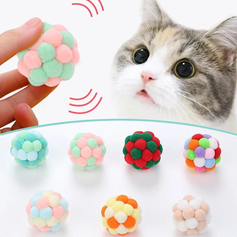 6pcs/set Cat Toys Cat Plush Ball Toy Pet Elastic Bell Ball Self Hi Ball Playing Cat Colorful Woolen Ball