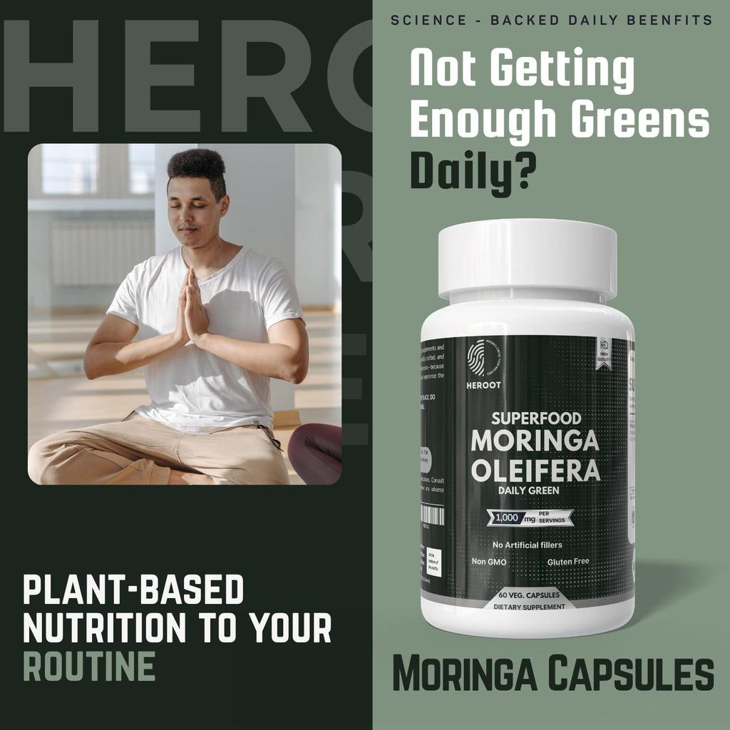 Heroot Moringa Oleifera Blattkapseln 1000mg | Pflanzenpulver | 60 Kapseln