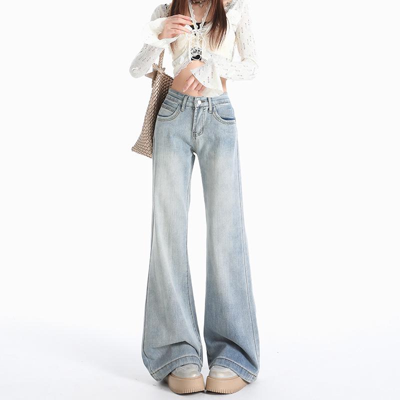 Women's Bamboo Texture Micro-Flare Jeans - Mid-Low Waist, Slimming Straight Leg - New for 2025 Autumn/Winter Collection.