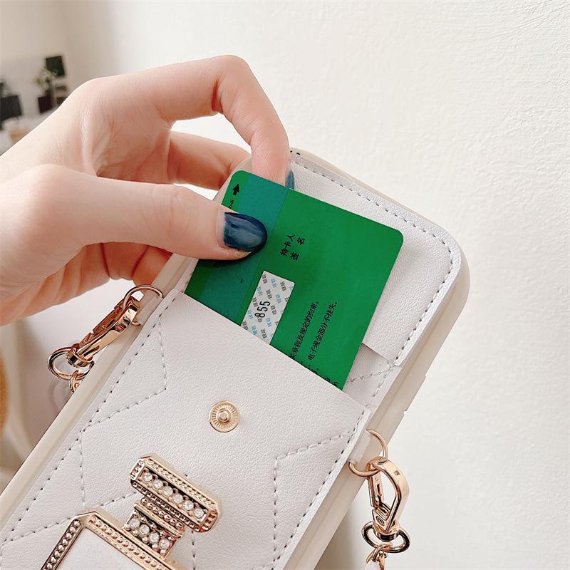 Luxury silicone perfume holder case with oblique chain for Apple 14 Promax, 13, 12, 11 soft full package card holder.