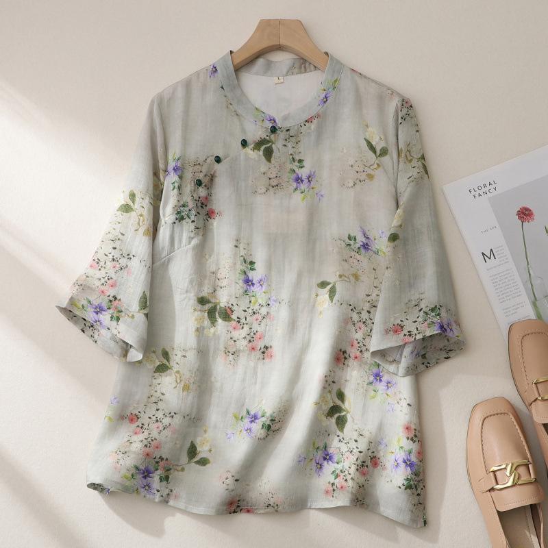 1116 neuer Top chinesischer Stil Stehkragen bedruckter Pullover Retro Chinesisch Zen Baumwolle und Leinen Hemd