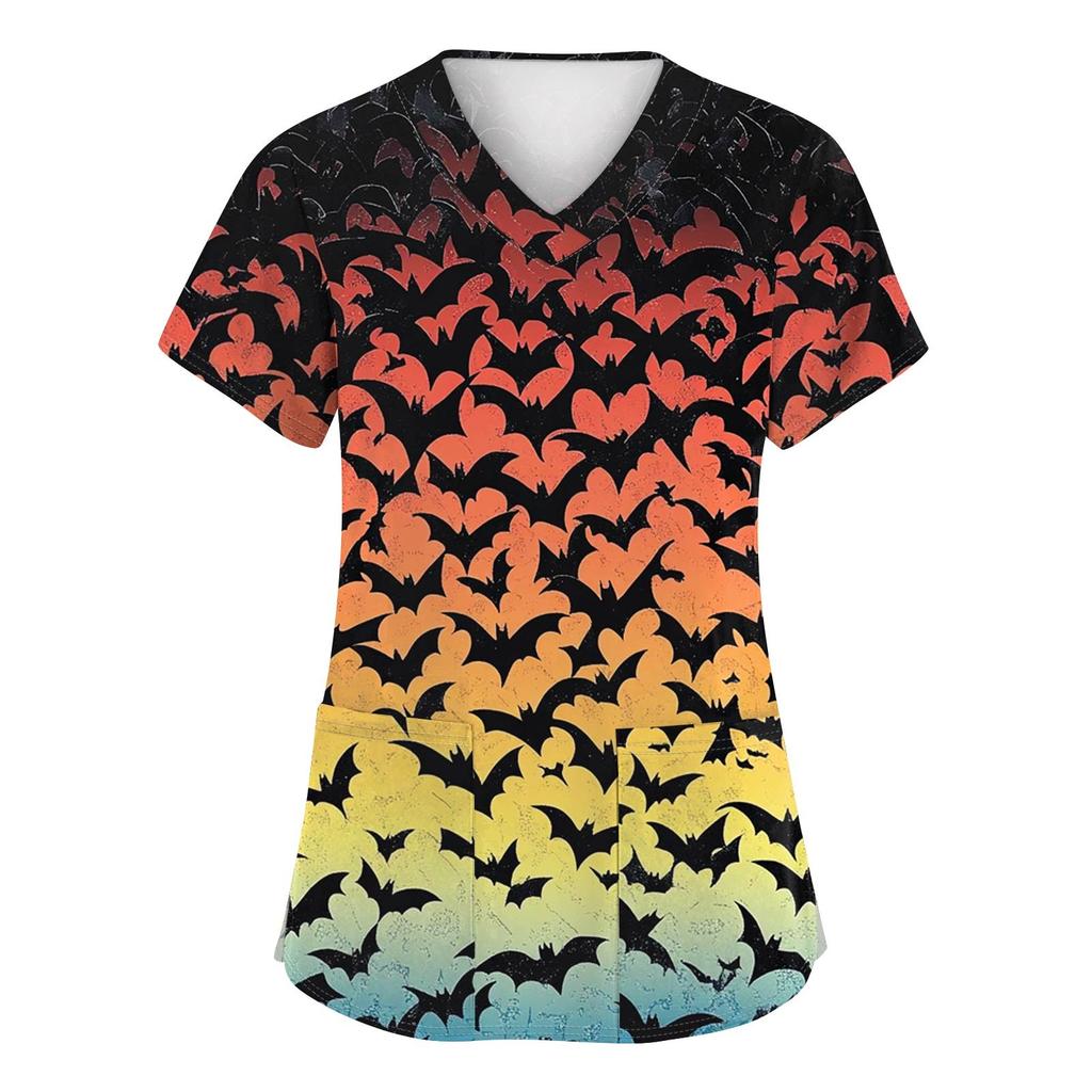 Women's Fashion V-neck Short-sleeved Work Uniform With Pockets, Halloween Print Top