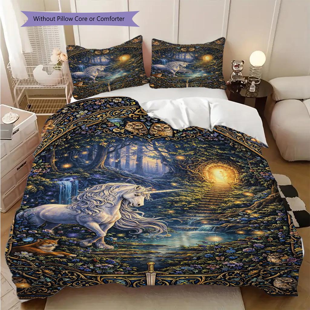 Enchanting Unicorn bedding, duvet cover, pillowcase, home decoration, birthday gift (1 * duvet cover+2 * pillowcase, coreless)