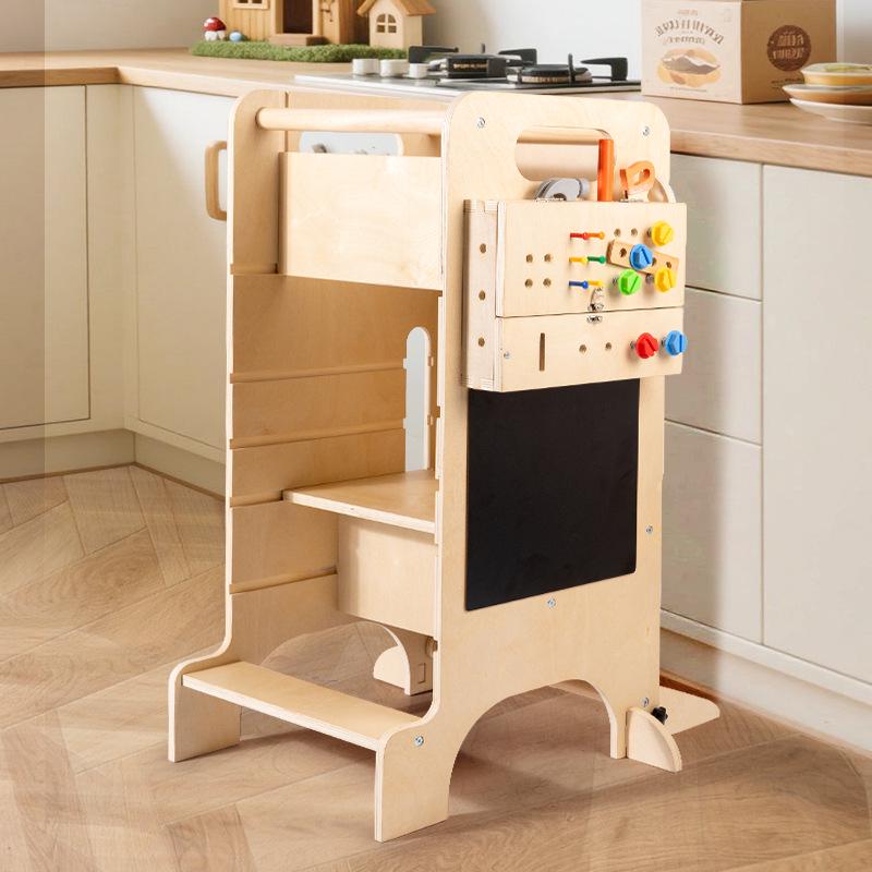 Adjustable Wooden Kitchen Step Stool for Children - Learning, Interactive, and Height-Increasing.