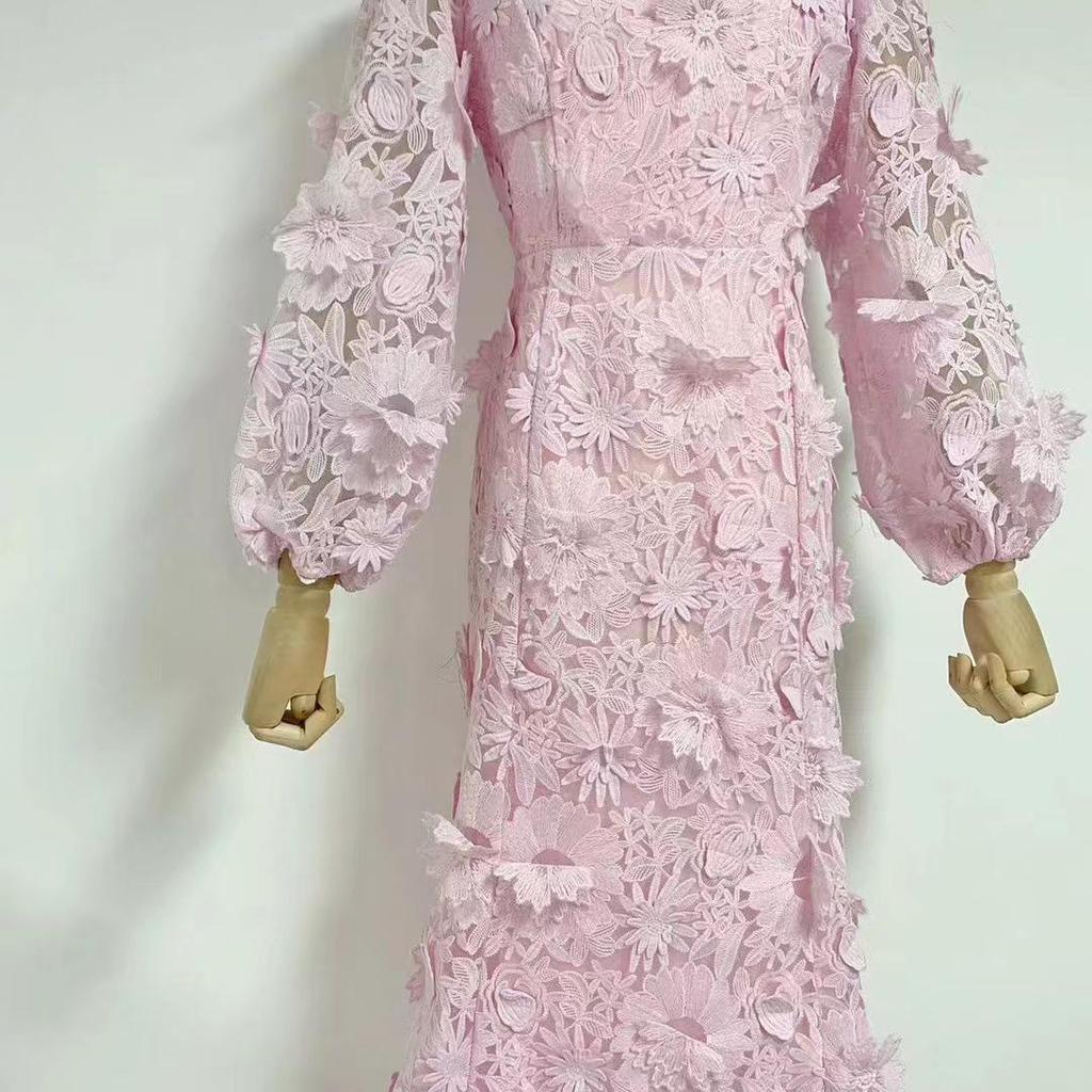 Australian Summer 2024 Floral Round Neck Hollow Waist Long Dress for Women