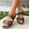 Fashion 2025 Summer Women Flat Sandals Solid Color Round Head Buckle Design Vintage Leather Casual Comfortable Female Flat Retro Shoes