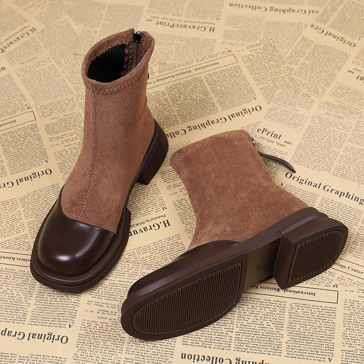 Korean Version of Retro Style Boots for Women with Long Legs, Zipper and Thin Boots, Velvet Cotton Boots, Thick-soled Small Short Boots.