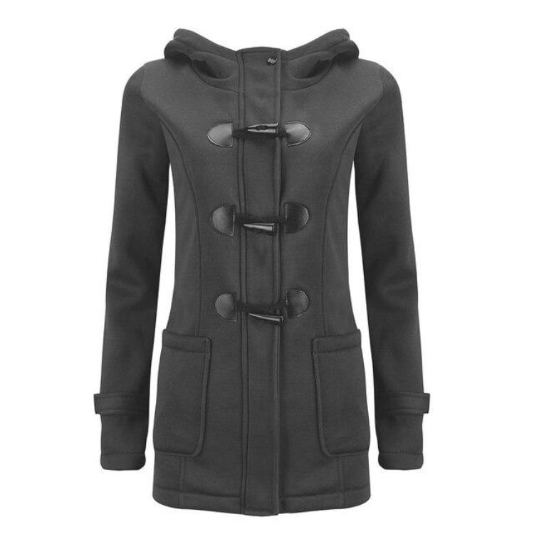 Manteau d'hiver chaud à capuche en polaire Automne Femme Élégant Long Mince Vestes Manteau Vêtements d'extérieur Boutons en corne Poches Mode Décontracté