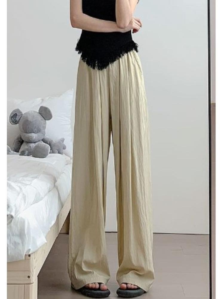 Trousers Female Summer Retro Sense Pleated Wide-legged Trousers Female Thin Drape Wide Loosened Straight Ice Silk Casual Trousers