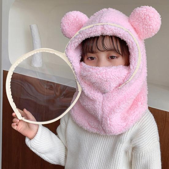 Children Hat with Soft Bear Ears Anti-Fog Lenses Fluffy Plush Windproof Detachable Lenses Cold-resistant Winter Hat