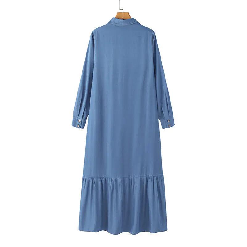 Women's Long Sleeved Loose Denim Dress with Lapel Button Up Cardigan Solid Color Casual Loose Denim Long Dress