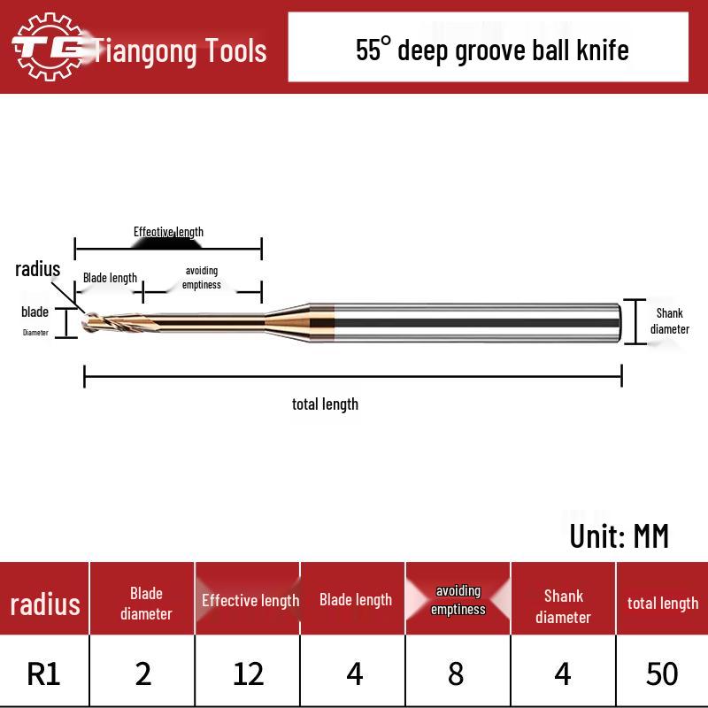 Tiangong Wolframová ocel R0.5 Kulová fréza 0.75 Legovaný krček, 2břitá, 55° Potažená, Prodloužená Hluboká drážka 1, 1.25