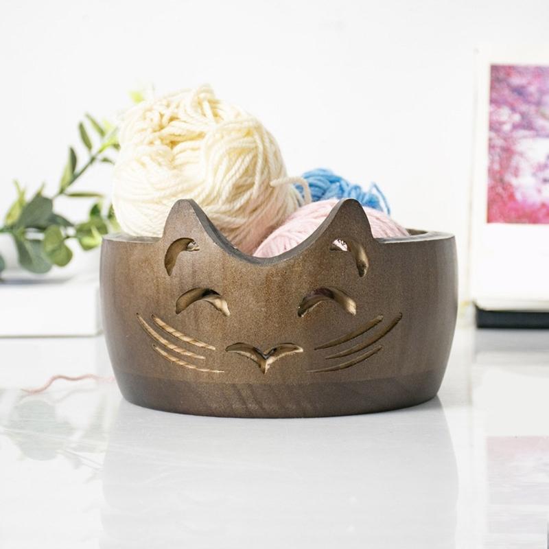 Wood Yarn Storage Bowl Wood Weaving Thread Bowl with Carved Holes Yarn Organiser for Crochet