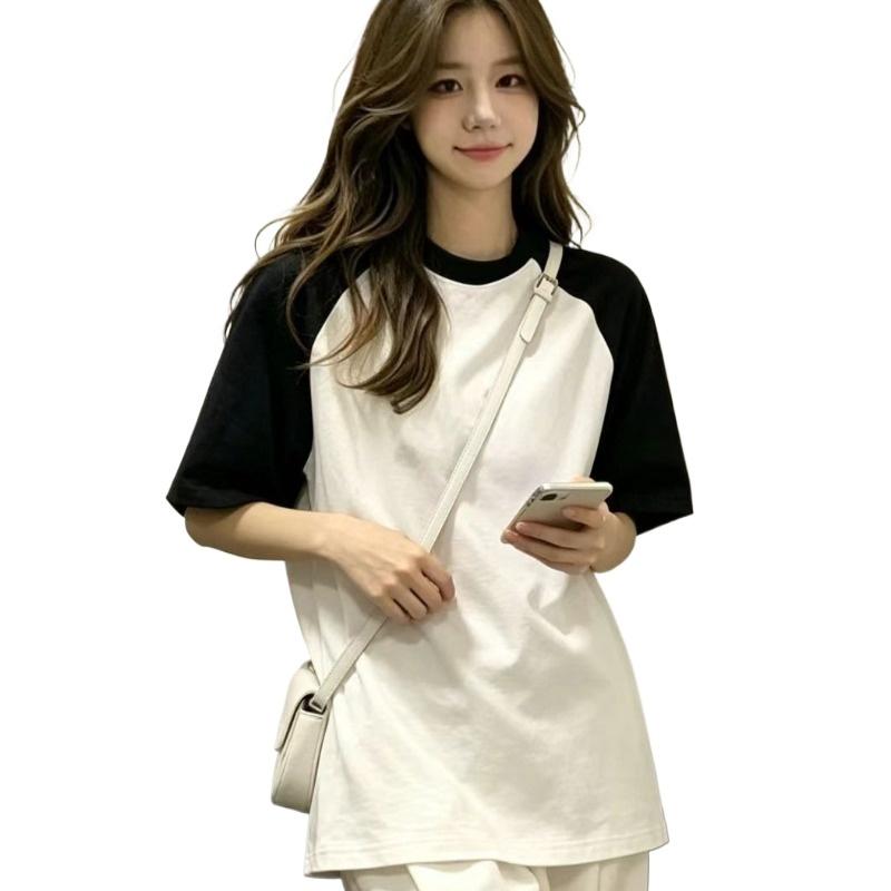 Ladies' Black White Contrasting T-shirt Women's Round Neck Short Sleeved Blouse Summer New Korean Loose Versatile Top