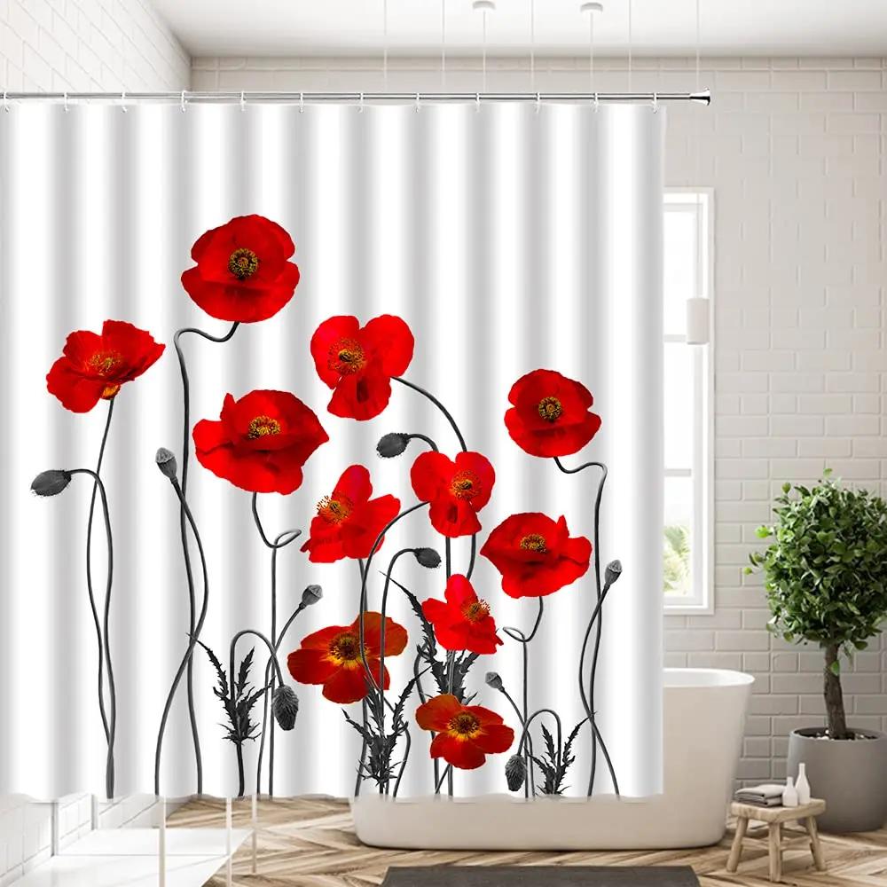 Red Poppy Flower Shower Curtain with Hooks, Washable Fabric, Bathroom Curtains, Floral