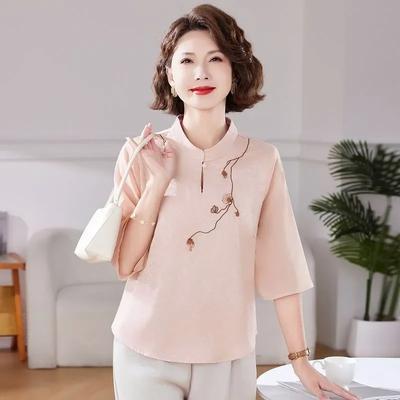 Chinesischer Stil Mandarin-Kragen Bluse Damen Halbarm Bestickt Chiffon Lässig Elegant Oberteil