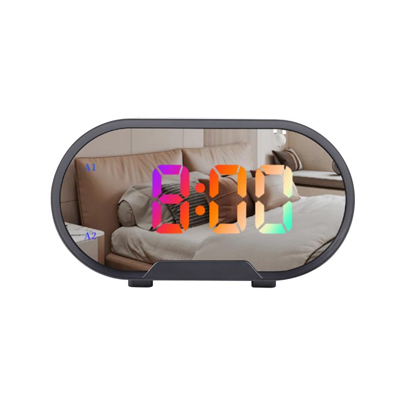 Desktop Mirror Led Alarm Clock Simple Led RGB Display Time with Stepless Volume Adjustment Mirror Clock for Deep Sleeper