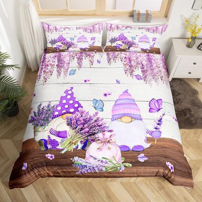 Viola Lavanda Nano Copripiumino King Queen Kawaii Cartone Animato Gnomo Set Letto Fiori Primaverili Copripiumino Floreale Copripiumino