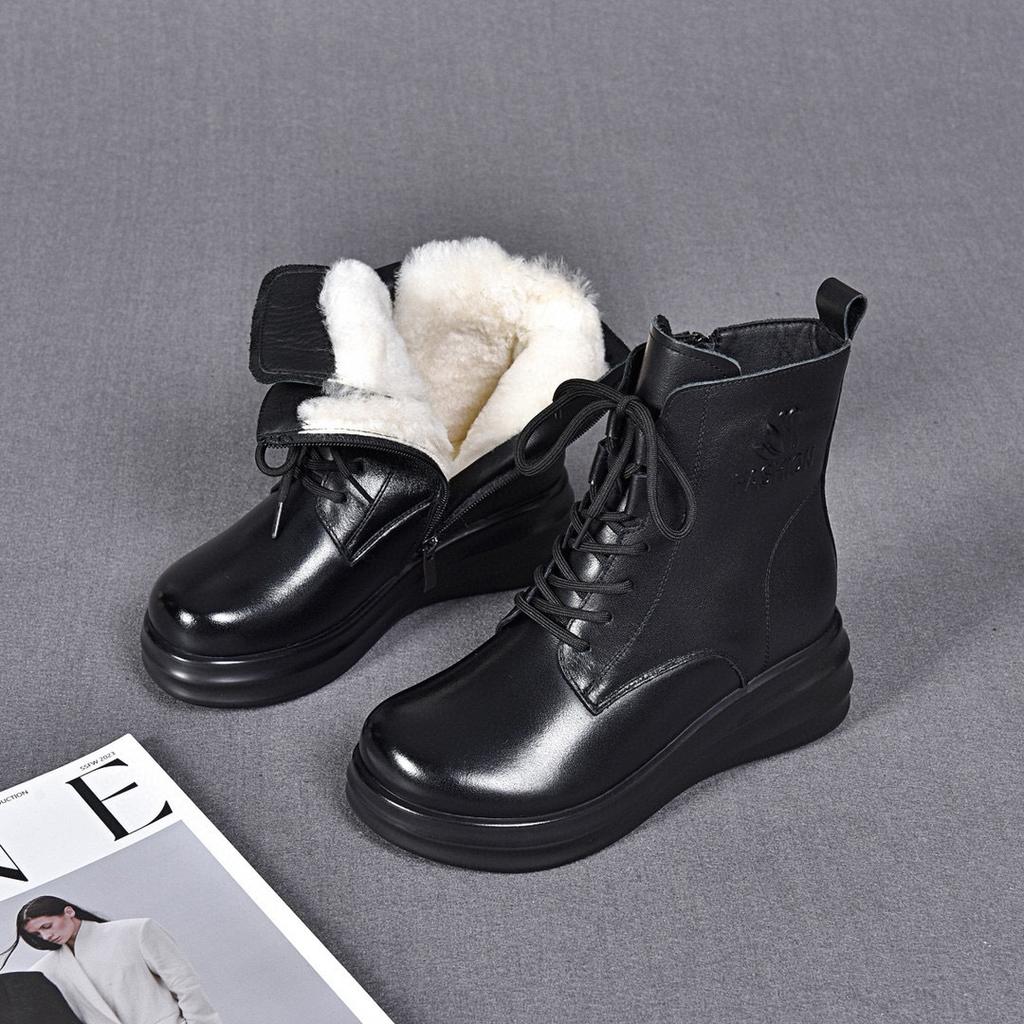 thick-soled boots women's 2025 autumn and winter new waterproof table muffin with lace-up cowhide Martin boots velvet warm women's cotton boots