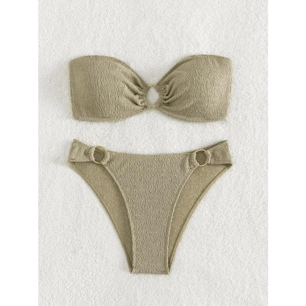 

Сексуальные комплекты бикини-бандо для женщин, микро-купальник пуш-ап на металлических кольцах, 2025, однотонный купальный костюм, купальник-стринги, Trajes De Baño M хаки