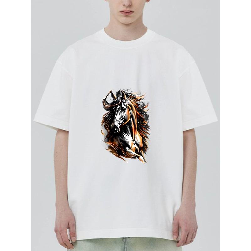 Black T Shirt With Horse Flame Design For Casual Wear