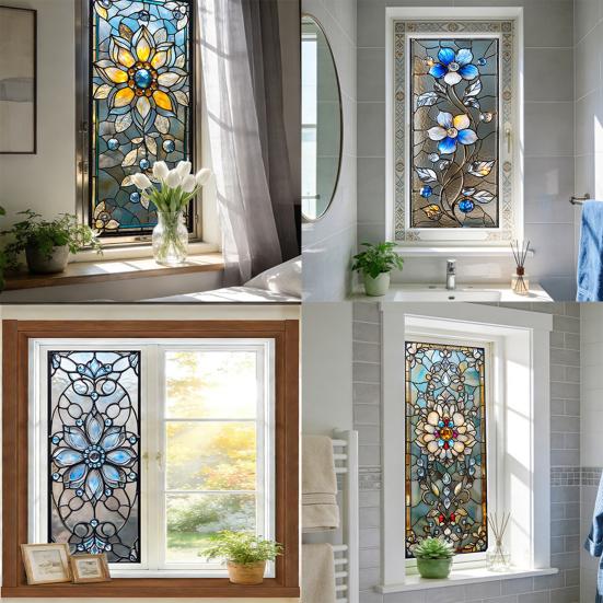 Window Privacy Film Sun Blocking Stained Glass Floral Window Decals Removable Static Clings