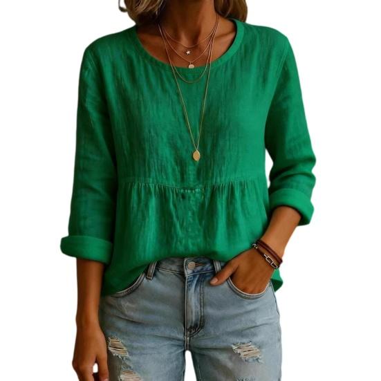 

Women Tops Long Sleeve Round Neck Loose Fit Pullover Tops with Pleated Hem Pure Color Spring Summer Casual Shirt S зелёный