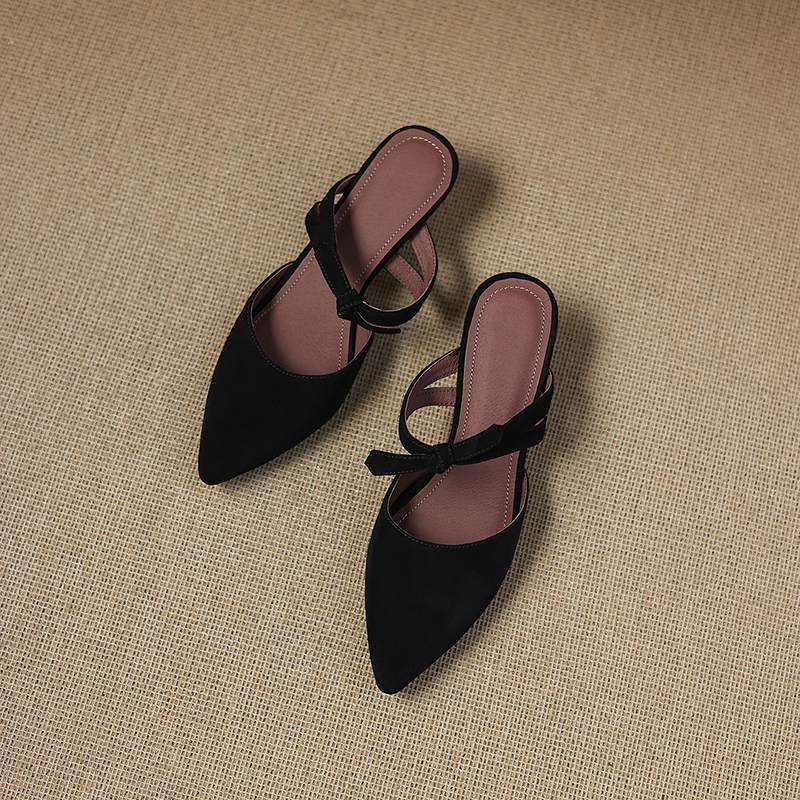 Krazing Pot Suede Butterfly-knot Mules Strange Style Med Heels Summer Size 42 Pointed Toe Slip on Women Shallow Pumps