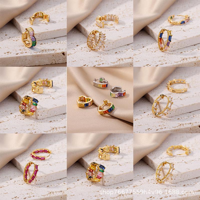 Luxury Heart-Shaped Colored Zircon Ear Cuffs, 18k Gold-Plated, Retro European & American Style Hoops
