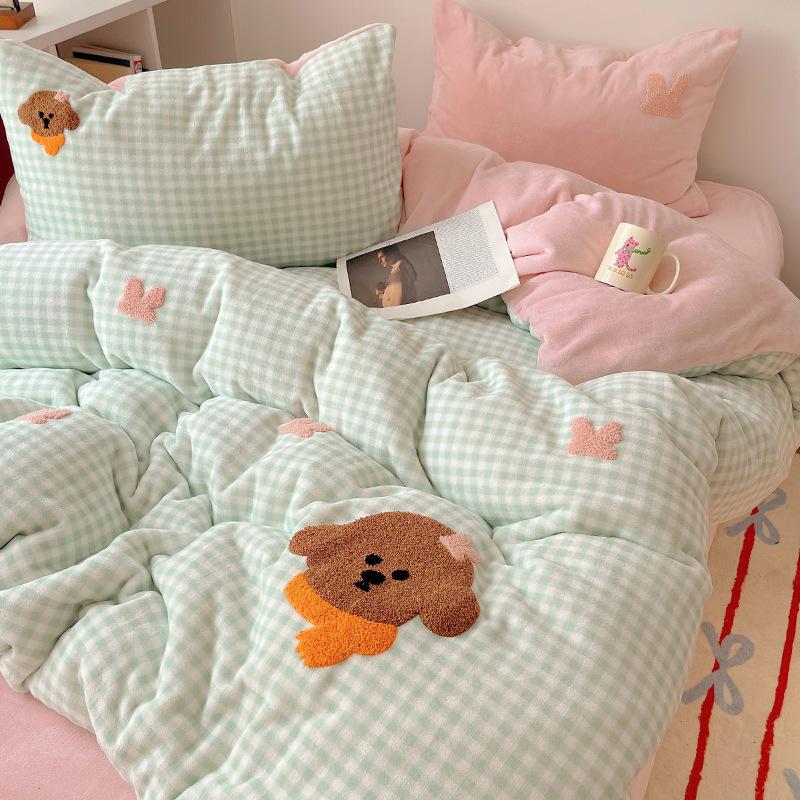 Thickened Milk Fleece Bed Four-Piece Set Fleece Quilt Cover Bed Sheet Coral Flannel Children'S Cartoon Bedding