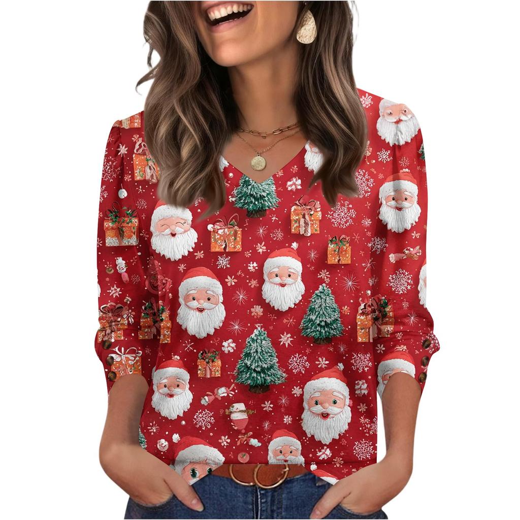 Women's Fashionable Casual Christmas Printed V-neck Top