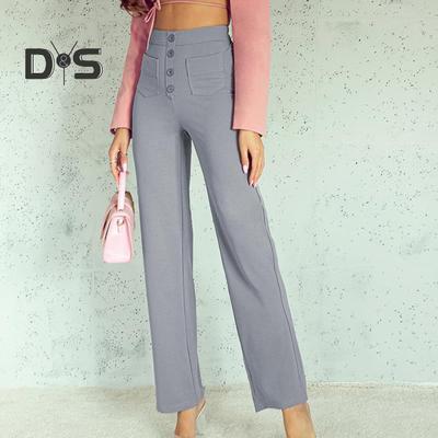 Women Pants High Waist Wide Leg Straight Loose Solid Color Button Closure Elastic Pockets Casual Lady Soft Trousers