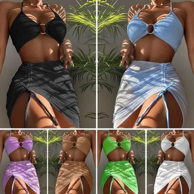 European and American Split Swimsuit Women's Slim-Fit Solid Color Sexy Swimsuit Halter Three-Piece Bikini