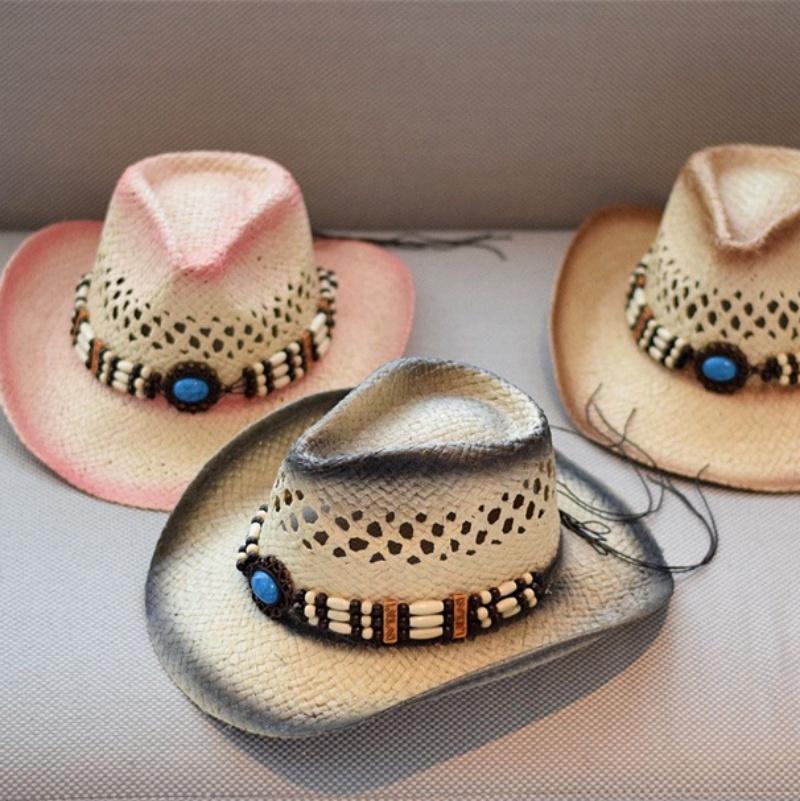 202602-2509340 ins chic summer western cowboy paper grass Vintage Bohemian Bead fedoras hat Outdoor men women panama jazz cap