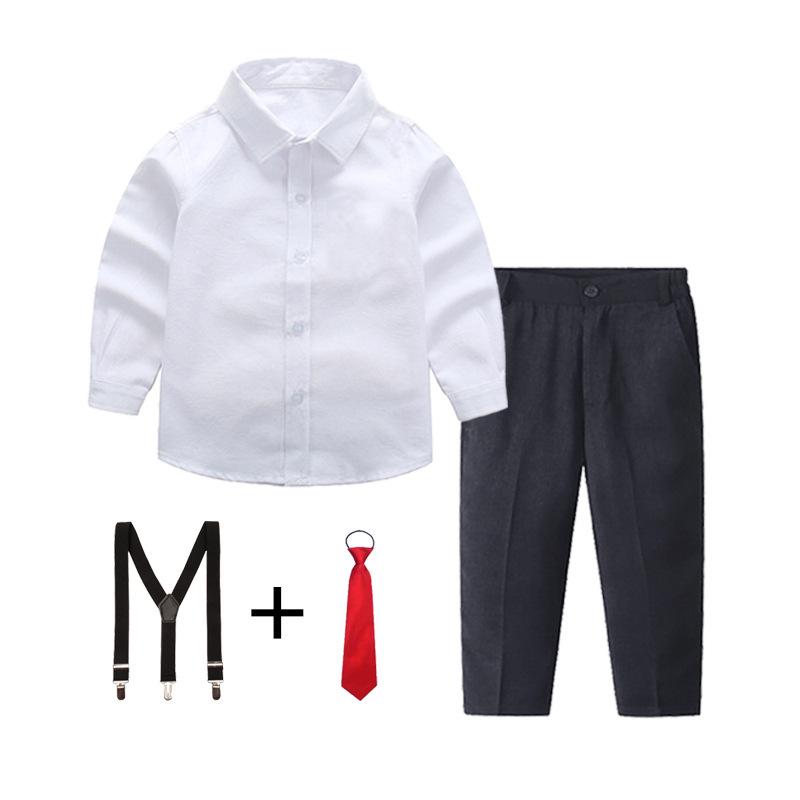 Boys' White and Blue Long-Sleeved Shirt & Black Long Pants Set Performance Costume