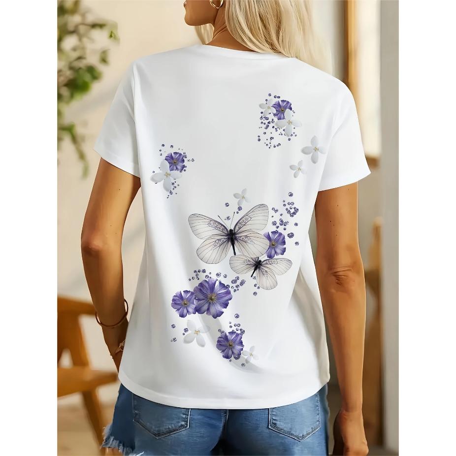 Women's 3D Printed Butterfly & Floral Casual T-Shirt - Vibrant Purple/White/Black/Blue/Grey, Breathable Machine-Washable Fabric, All-Season Comfort
