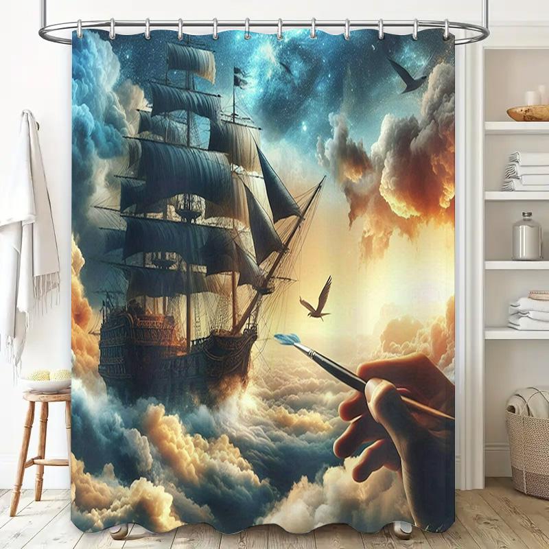 Fantasy Voyage Shower Curtain Nautical Sailboat Clouds Print Bathroom Decor Waterproof Fabric 180x240cm