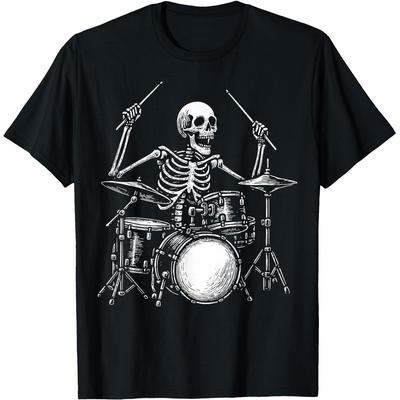 Skeleton Drummer Drums Gift Drawing Present Music T Shirts Men Cotton Humor Streetwear Tee Short Sleeve Unisex Loose Clothing