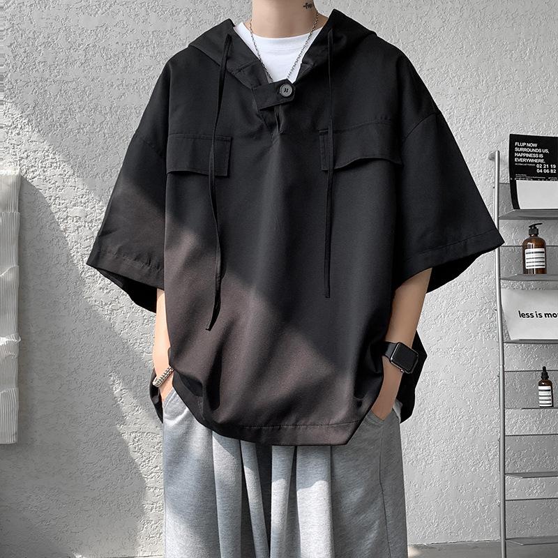 Men's Summer Short-Sleeve Casual Loose-Fit T-Shirt Youth Solid-Color Hooded Lightweight Top