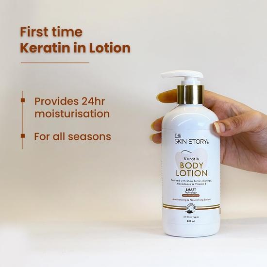 The Skin Story Hĺbkovo hydratačné telové mlieko pre ženy| Úľava od suchej pokožky | Všetky typy pleti | Moringa & Keratín | Objemové balenie | 280ml