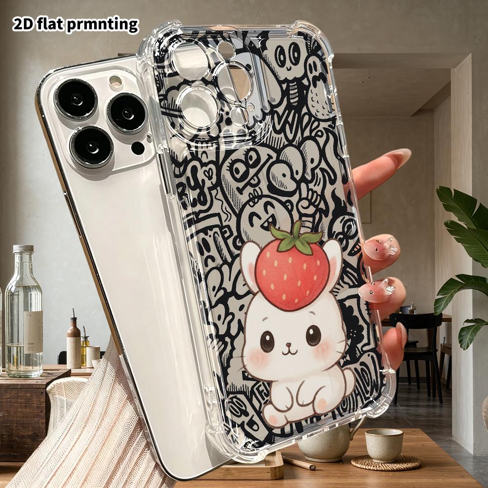 Phone Case: 2D Flat Suitable for iPhone 18 17 16 15 14 13 Pro, Transparent Four Corner Protective Case, Strawberry Little Bunny, Christmas and Hallowe
